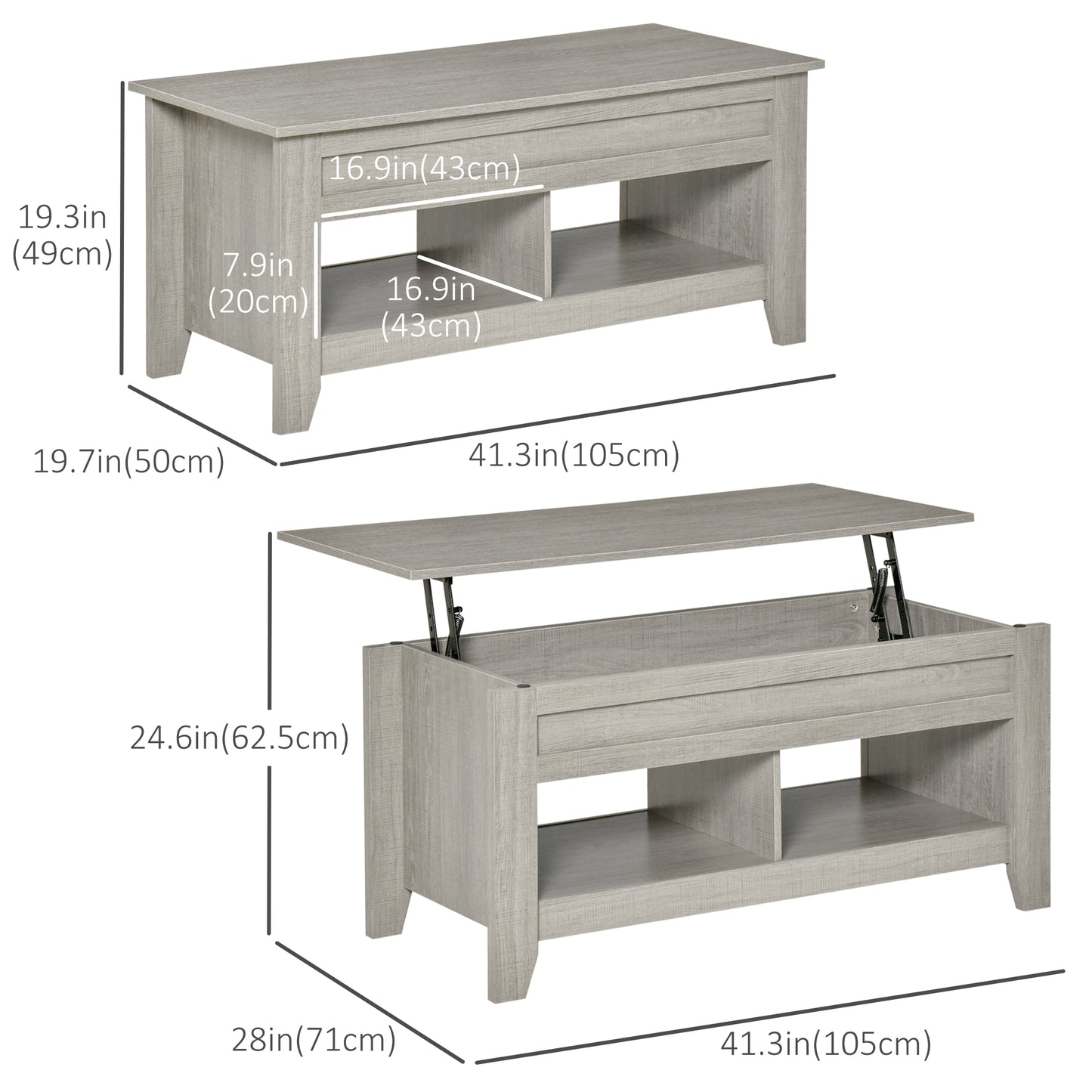 Table basse relevable avec compartiment de rangement dissimulé et étagères ouvertes pour salon, gris clair