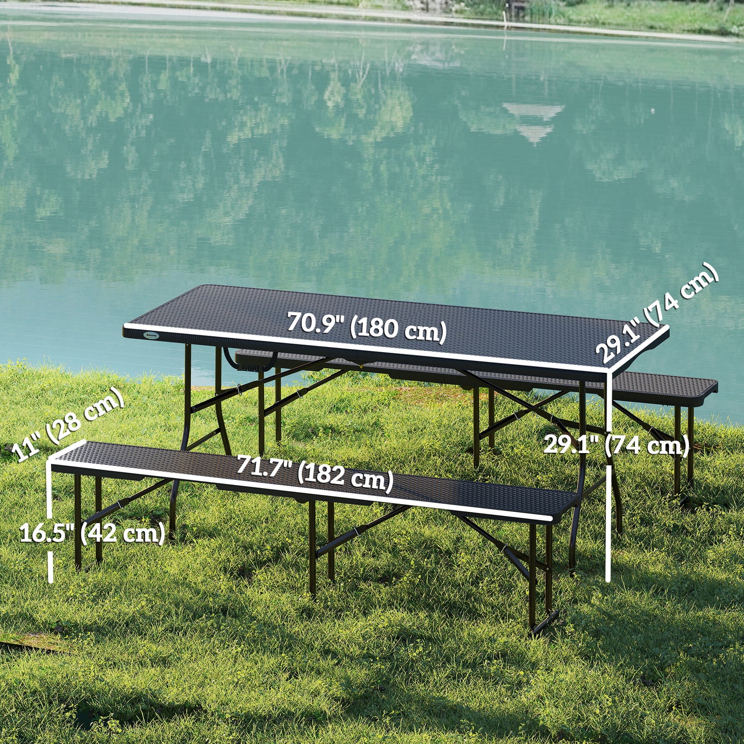 Outsunny 6FT 3PCS Faux Rattan Outdoor Camping Table Bench Set with Carrying Handles, Folding Picnic Table with 2 Benches, Black |