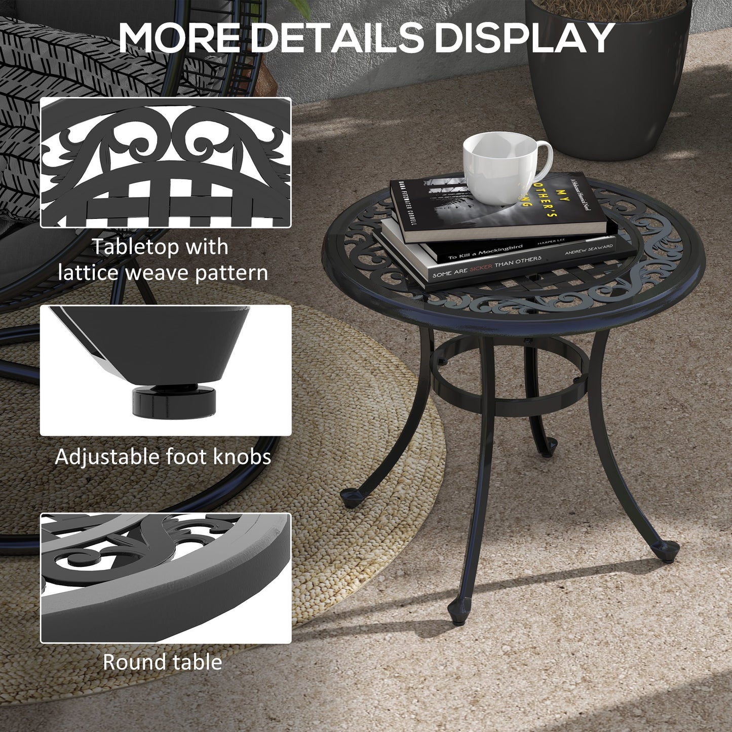 Table de patio avec cadre en aluminium moulé, pieds réglables pour terrasse, jardin et balcon, noire