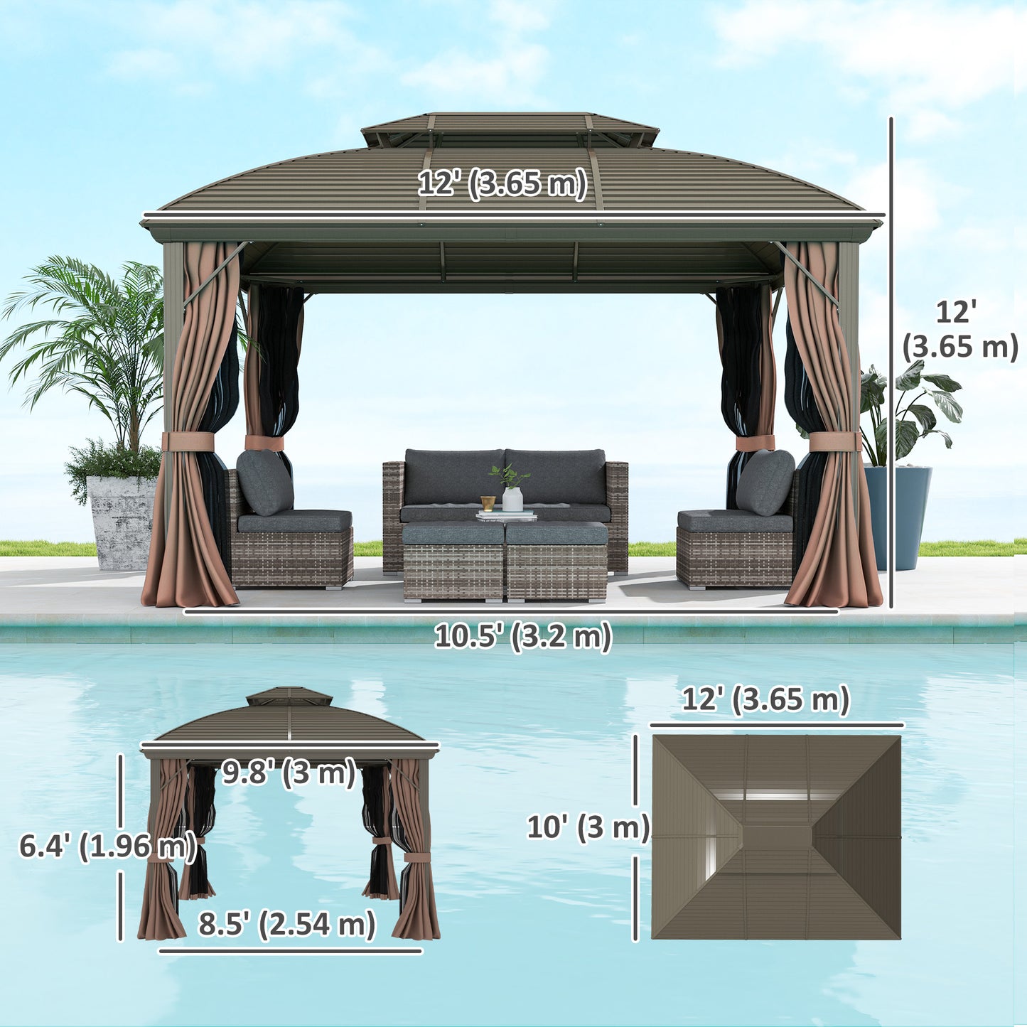 Outsunny 10' x 12' Hardtop Gazebo with Double Roof, Netting and Curtains for Garden, Backyard, Patio, Cafe