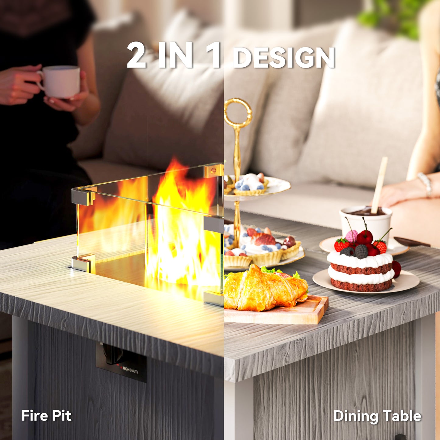 Table foyer à gaz 28 po 50 000 BTU avec couvercle et écran en verre, gris