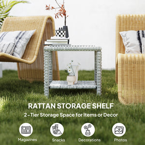 Table basse d'extérieur 48 cm en osier avec plateau en verre et étagère de rangement pour jardin, véranda, balcon, terrasse, gris foncé