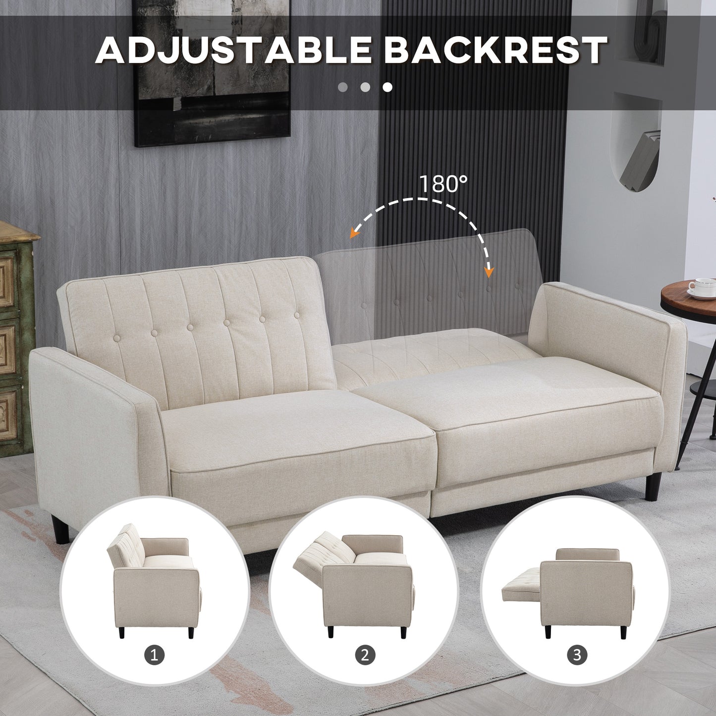 Convertible sofa bed in tufted fabric with adjustable backrest, beige