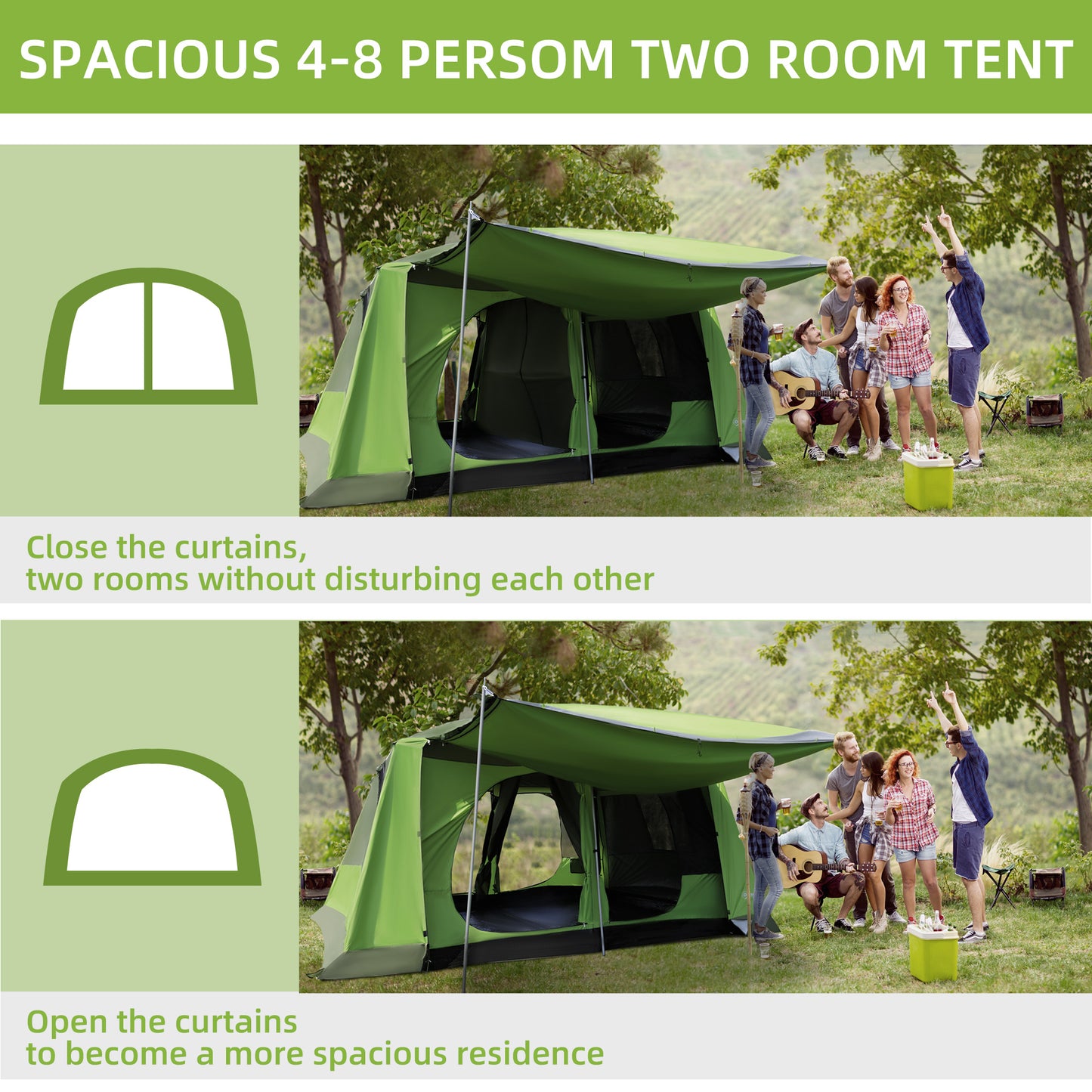 Outsunny Tunnel Tent with Porch, Two Rooms, Lamp Hook, Portable Carry Bag, Green