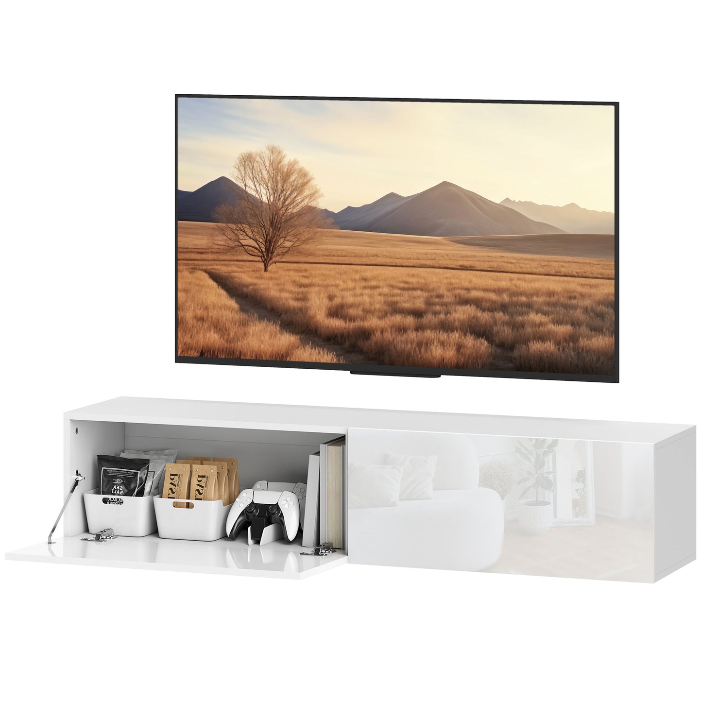 Meuble TV mural avec rangements pour téléviseurs 45, 55 et 65 pouces, blanc