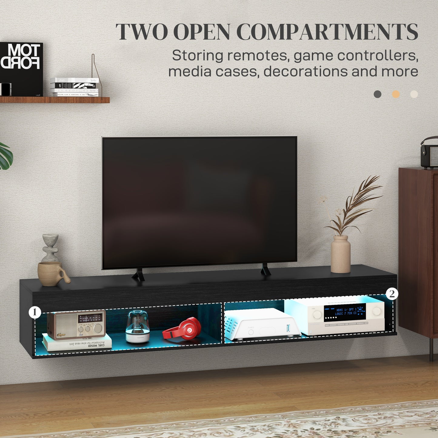 HOMCOM Modern Wall Mounted TV Stand with Storage and LED Lighting for TVs up to 75 inches, Floating TV Shelf for Living Room, Black