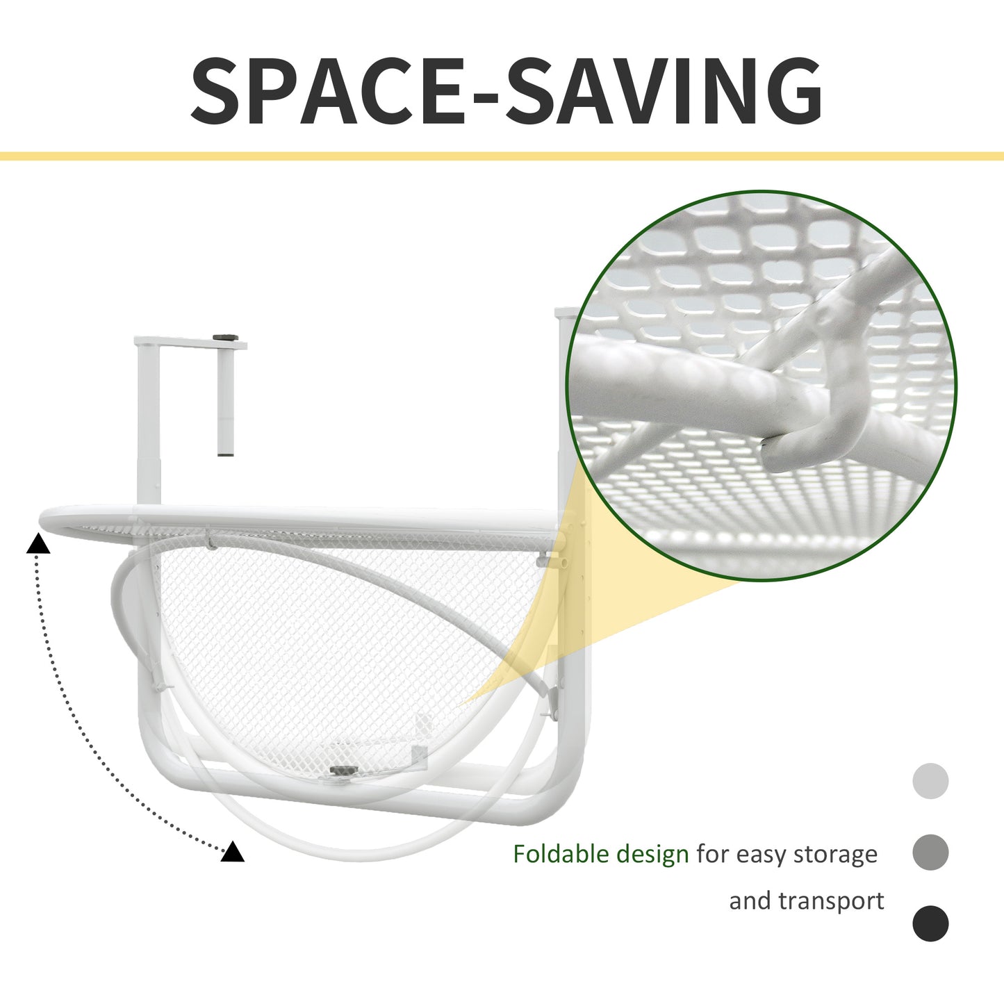 Adjustable metal balcony table, half-round serving table, white