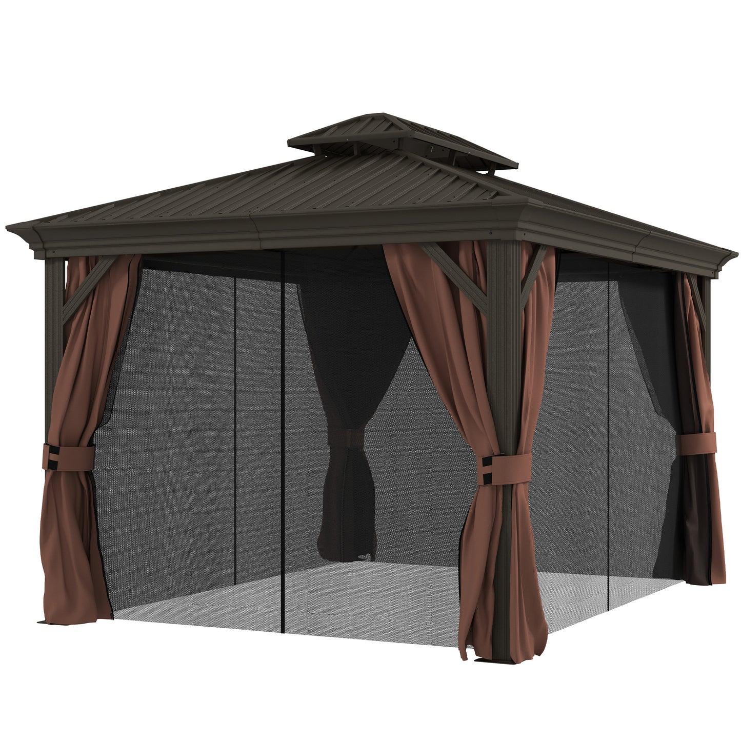 Outsunny 10' x 12' Outdoor Hardtop Gazebo with Galvanized Canopy and Mesh Sidewalls for Lawn and Garden, Dark Brown