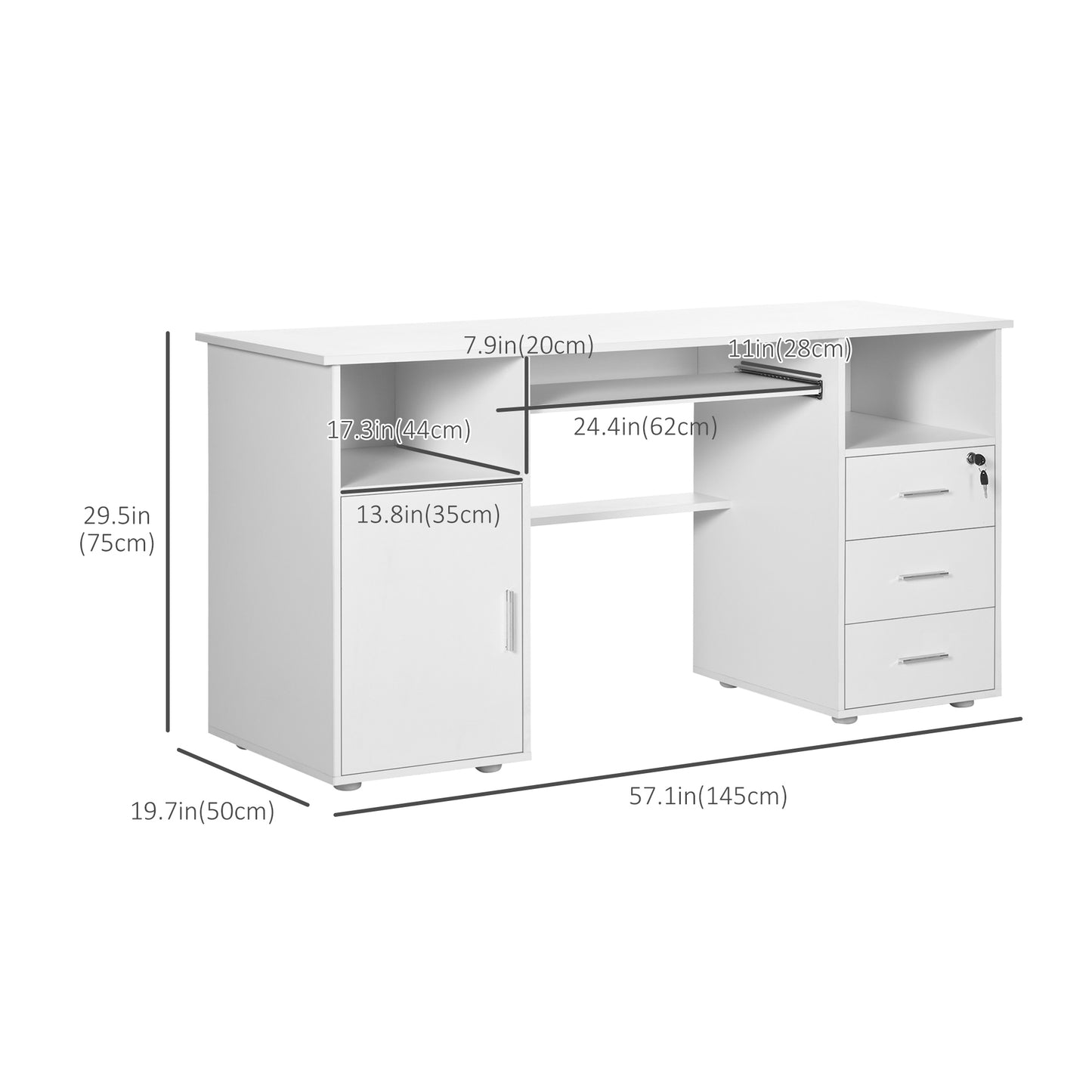 Bureau d'ordinateur avec plateau pour clavier et tiroirs, blanc