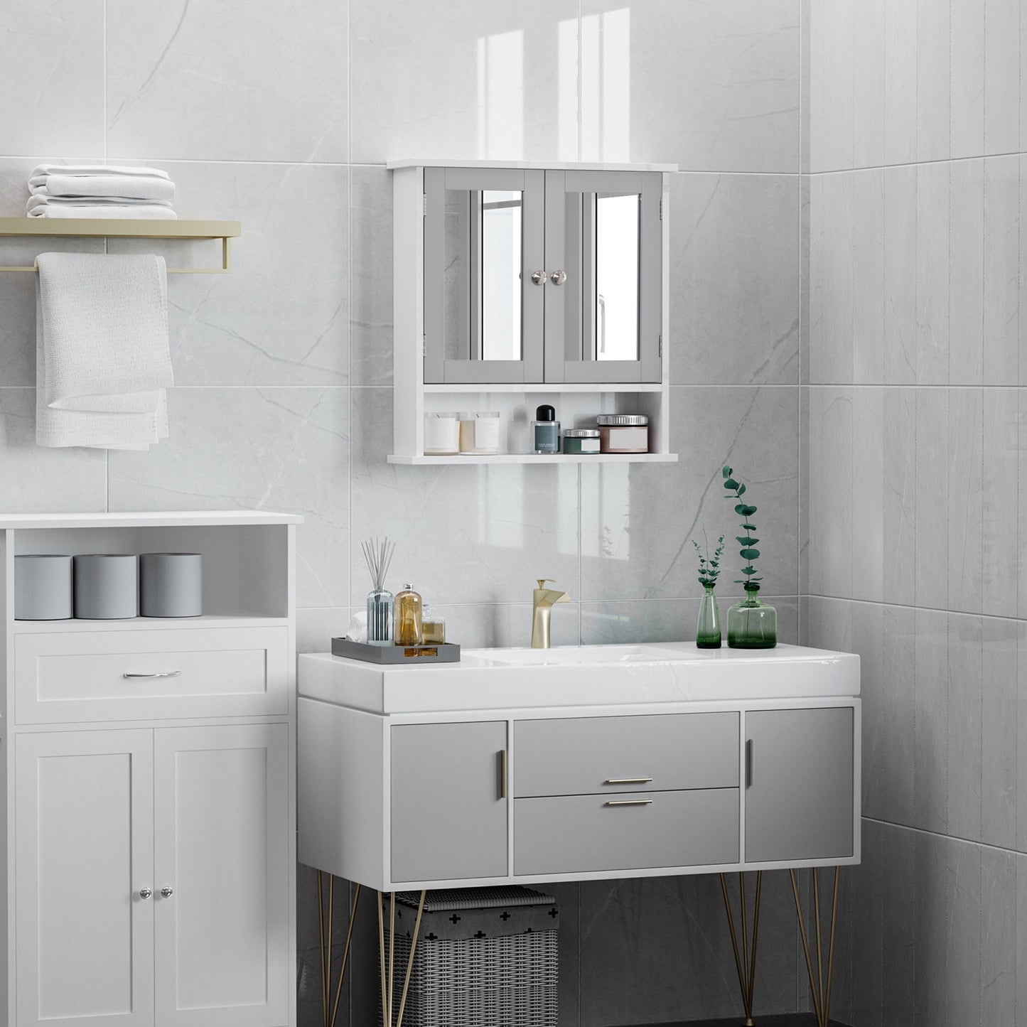 Armoire à pharmacie avec portes doubles, blanc et gris