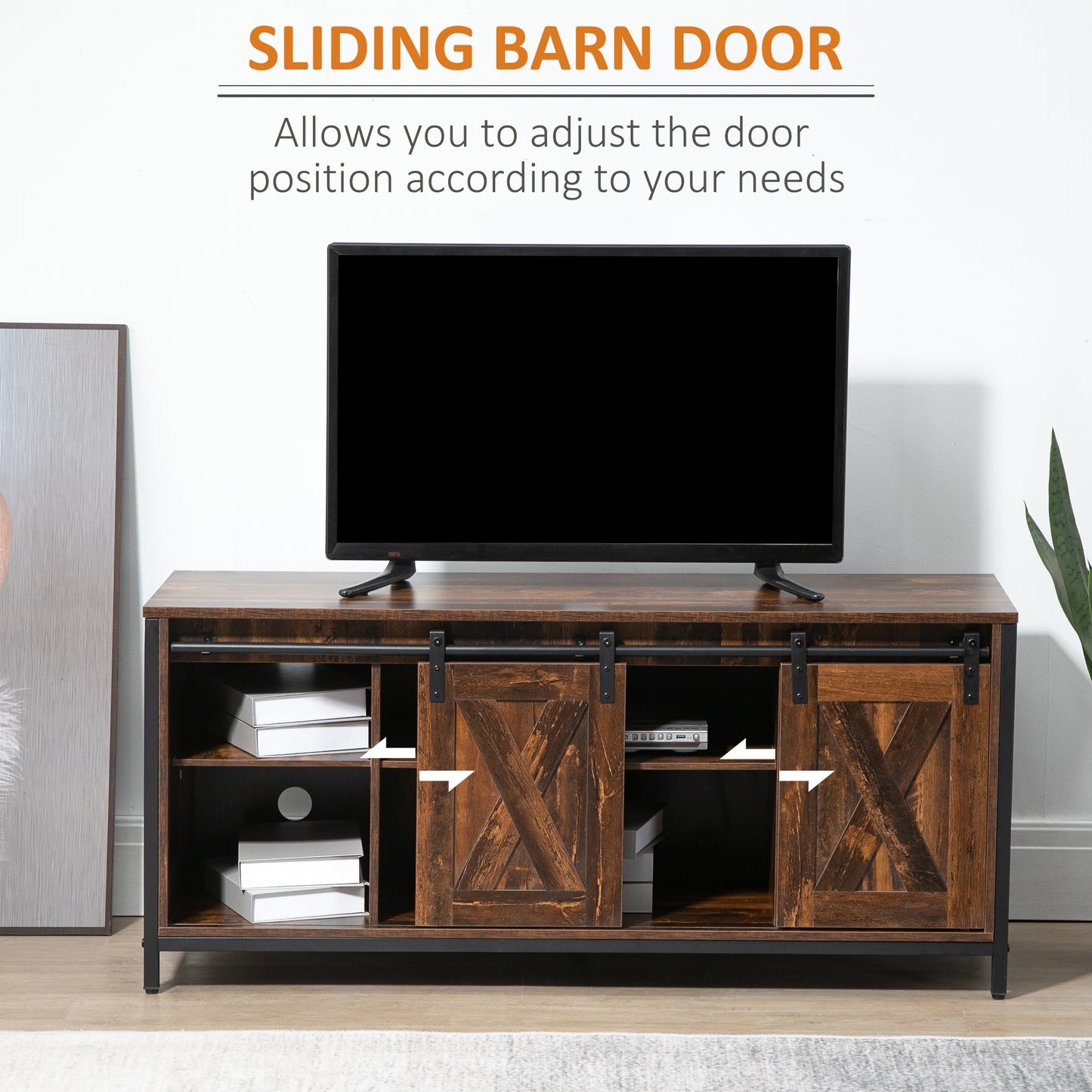 Meuble TV industriel HOMCOM pour téléviseurs jusqu'à 60 pouces, console TV avec rangement et 2 portes coulissantes, meuble de divertissement autonome pour salon et chambre, marron