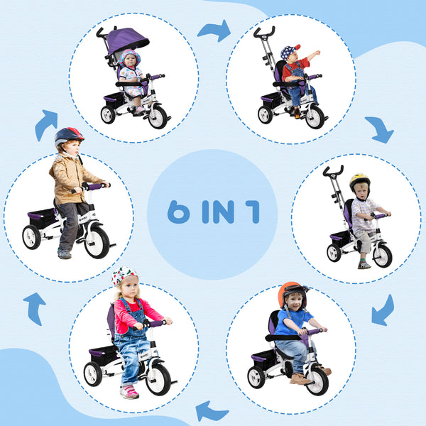 Tricycle 6 en 1 avec panier, auvent, harnais de sécurité 5 points, violet