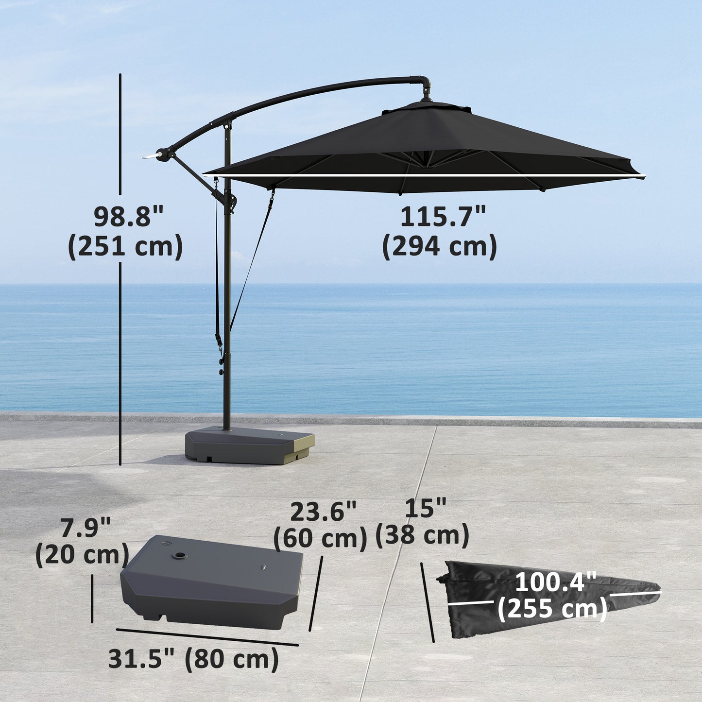 Outsunny 10FT Cantilever Umbrella with Fillable Base, Wind Strap and Cover, Offset Hanging Umbrella with Crank, UPF50+, Gray |