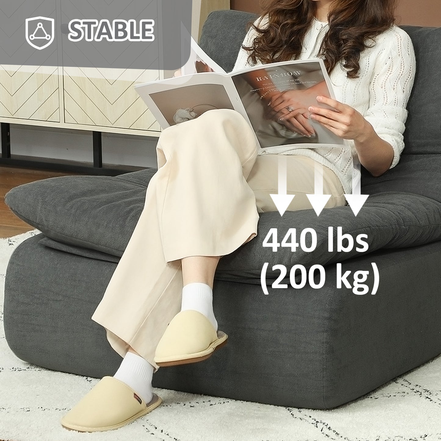 Canapé de sol en mousse ultra haute densité monobloc sans accoudoirs pour salon, chambre, bureau, gris