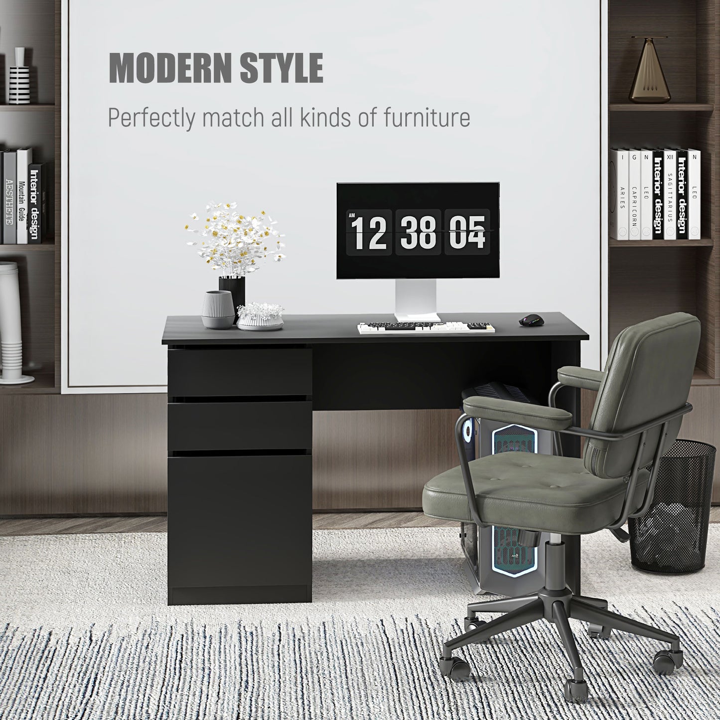 Computer Desk with Storage, Drawers and Cabinet for Home Office, Study Room, Black