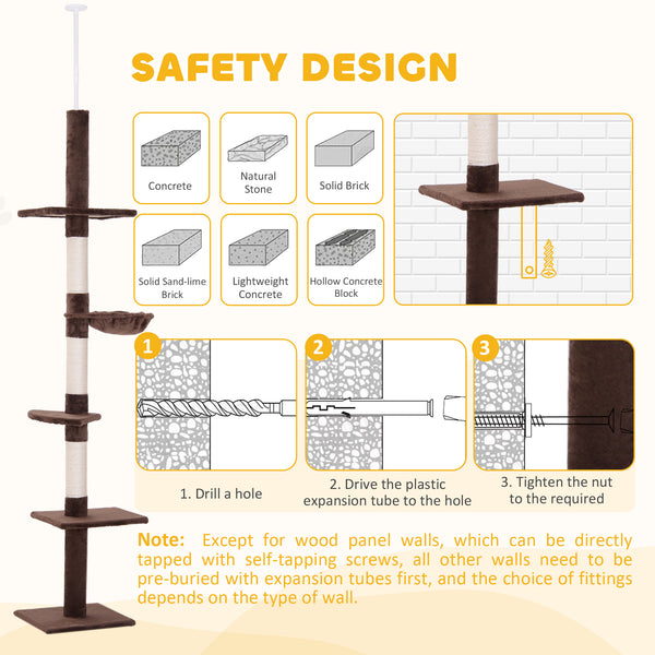 2.6m 5-Level Cat Tree with Scratching Post, Brown and White