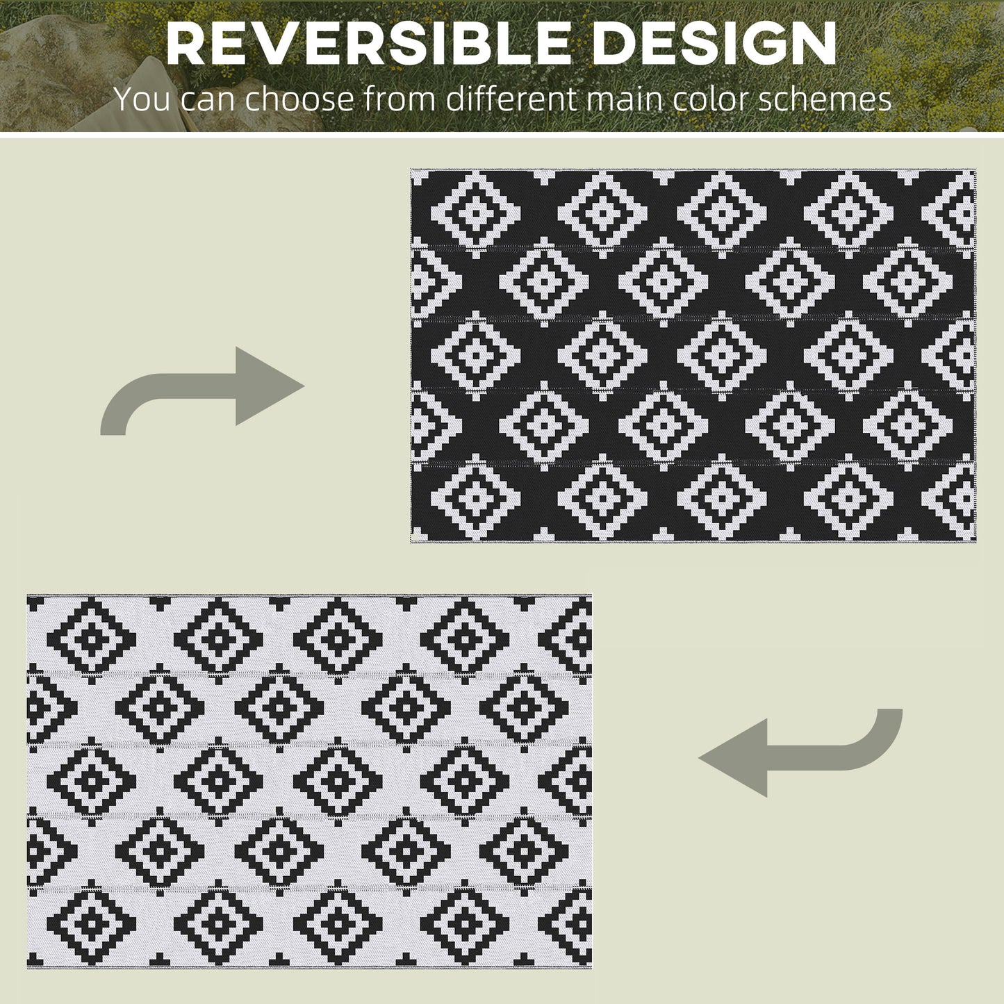 Reversible Outdoor Patio Rug, 6' x 9' Plastic Straw Mat for Garden, Patio, Beach, Camping, Black and White