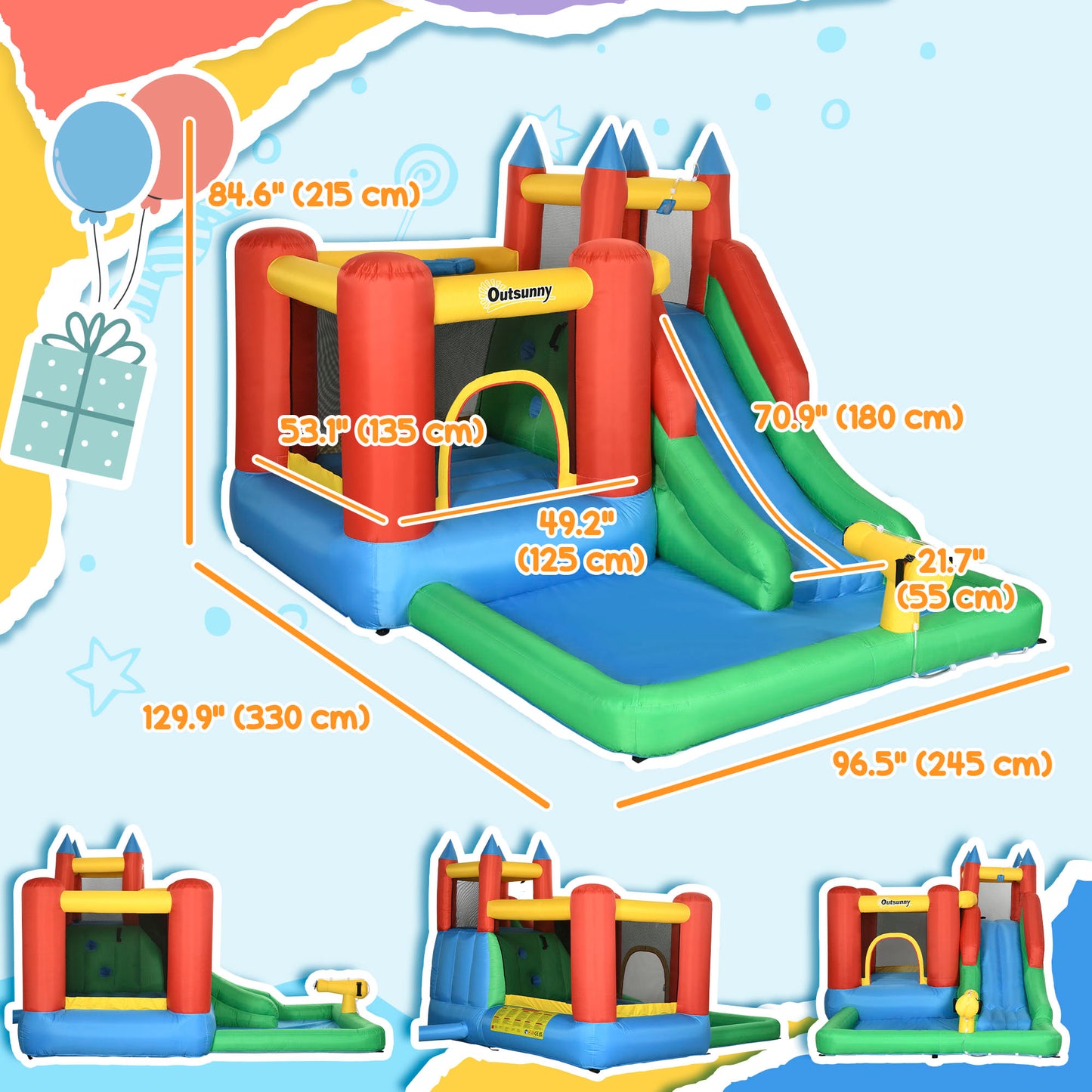 6 in 1 Inflatable Castle House Trampoline Slide Water Pool Gun Climbing Wall Basket with Inflator for Kids 3-12 Years Old Summer 11.5' x 8.8' x 7' Multicolor