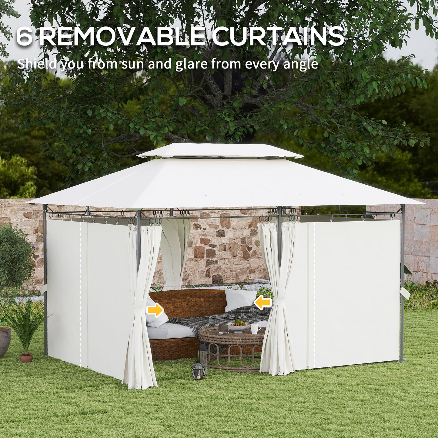 Tonnelle de jardin 10' x 13' à double toit, avec rideaux, blanc crème
