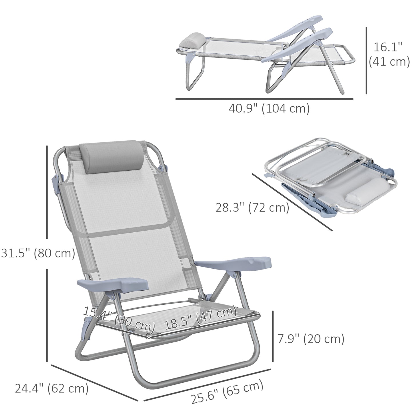 Lot de 2 chaises de plage, chaises de camping avec dossier et appui-tête réglables, gris clair