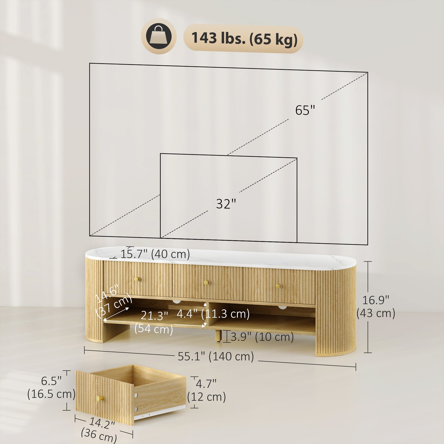 Meuble TV moderne avec plateau effet marbre, 3 tiroirs et 2 étagères ouvertes pour téléviseur de 32 à 65 pouces, naturel