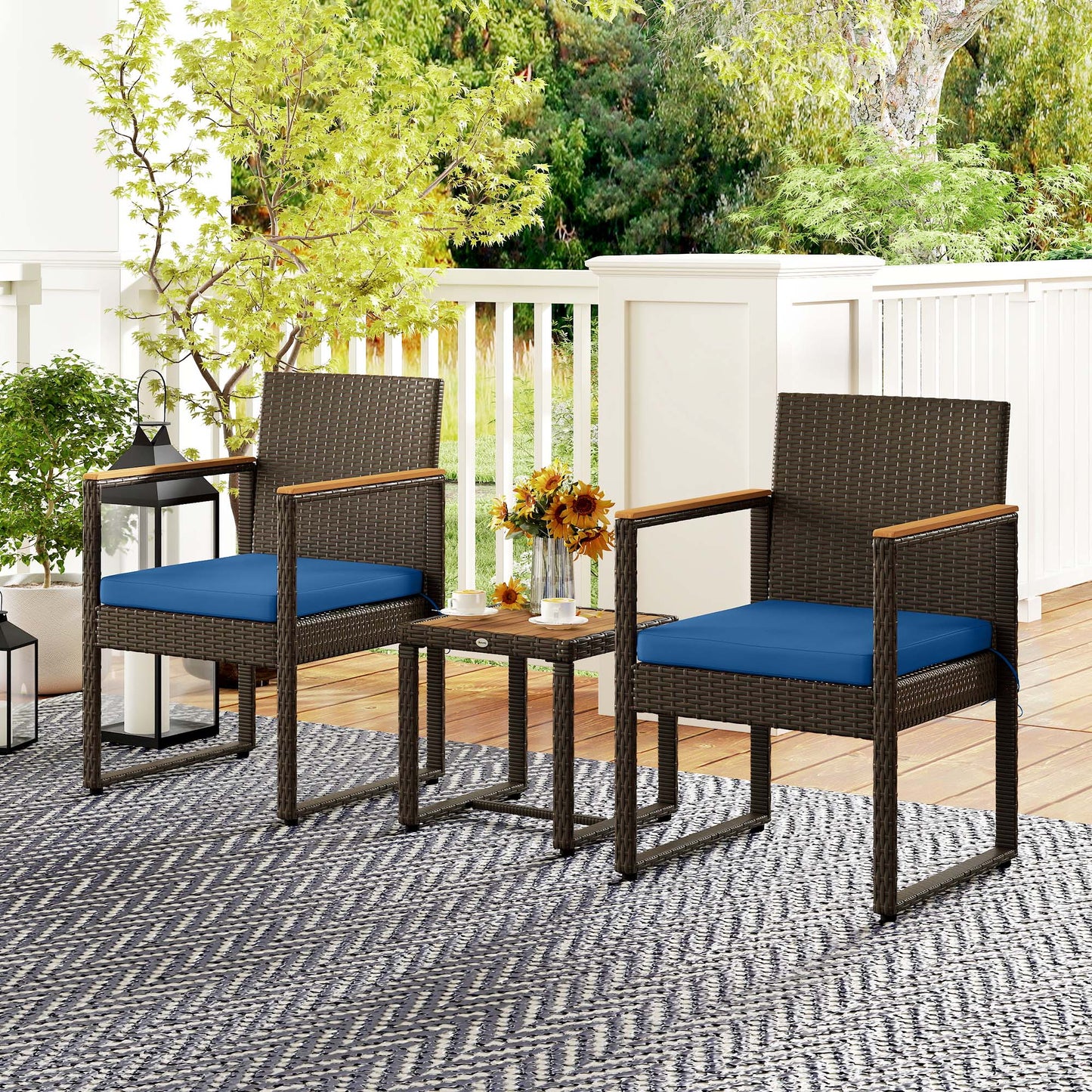 Outsunny 3 Piece Wicker Garden Furniture Set, Rattan Bistro Set with Acacia Wood Table and Removable Cushions, Dark Blue