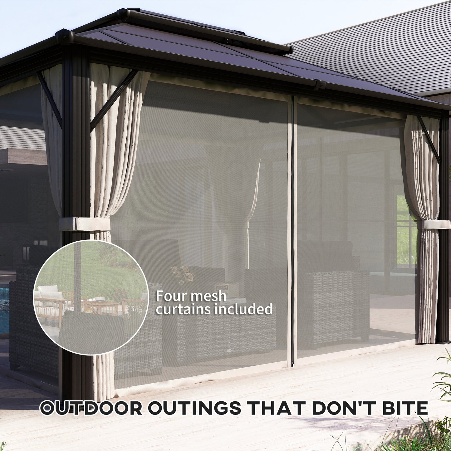 Gazebo 10' x 13' à toit rigide avec double toit en polycarbonate UPF30+, cadre en aluminium, filet et rideaux, Beige