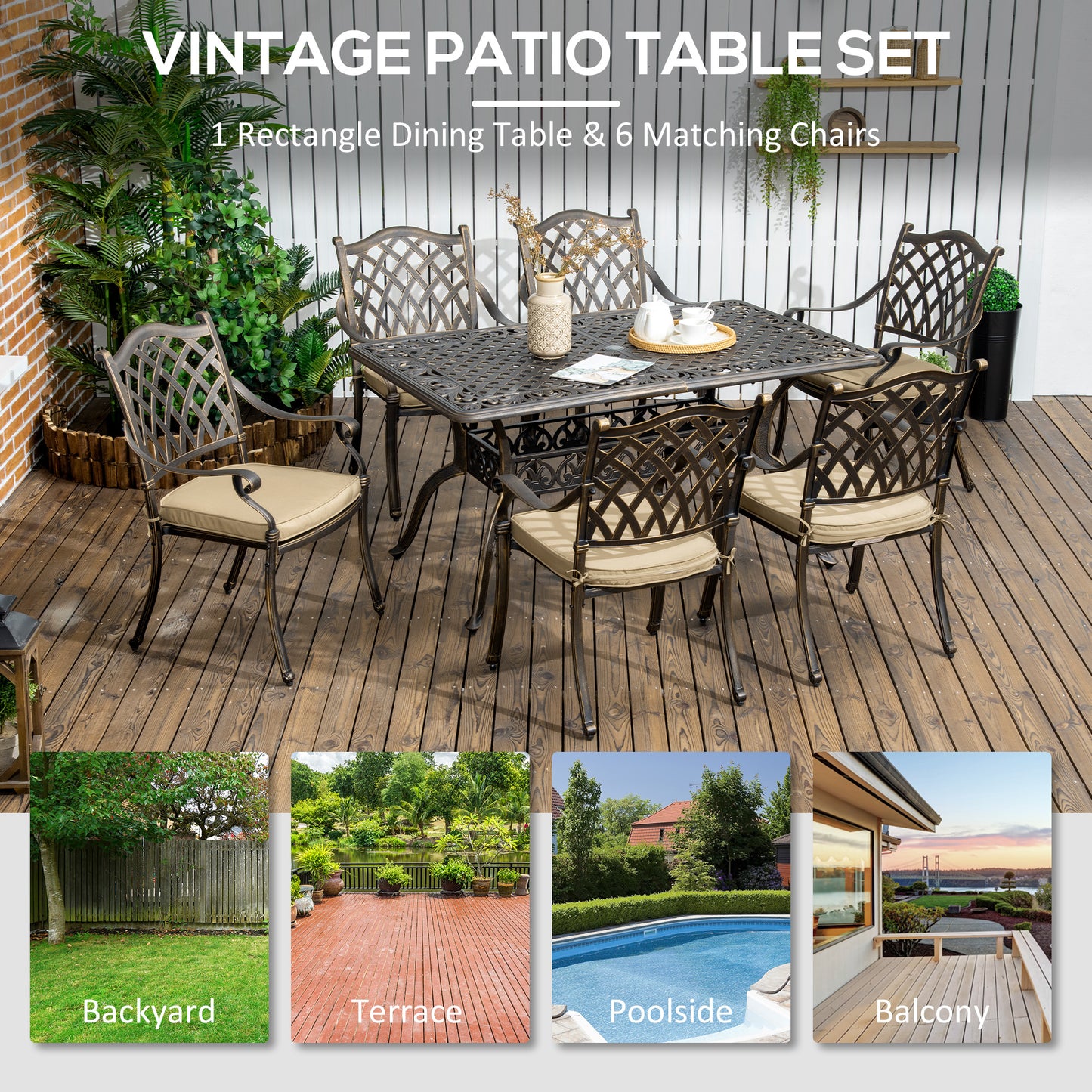 Outsunny 7 Piece Garden Dining Set with Umbrella Hole, Cast Aluminum Outdoor Furniture Set with 6 Padded Chairs and Rectangular Dining Table, for Garden, Lawn and Patio, Khaki