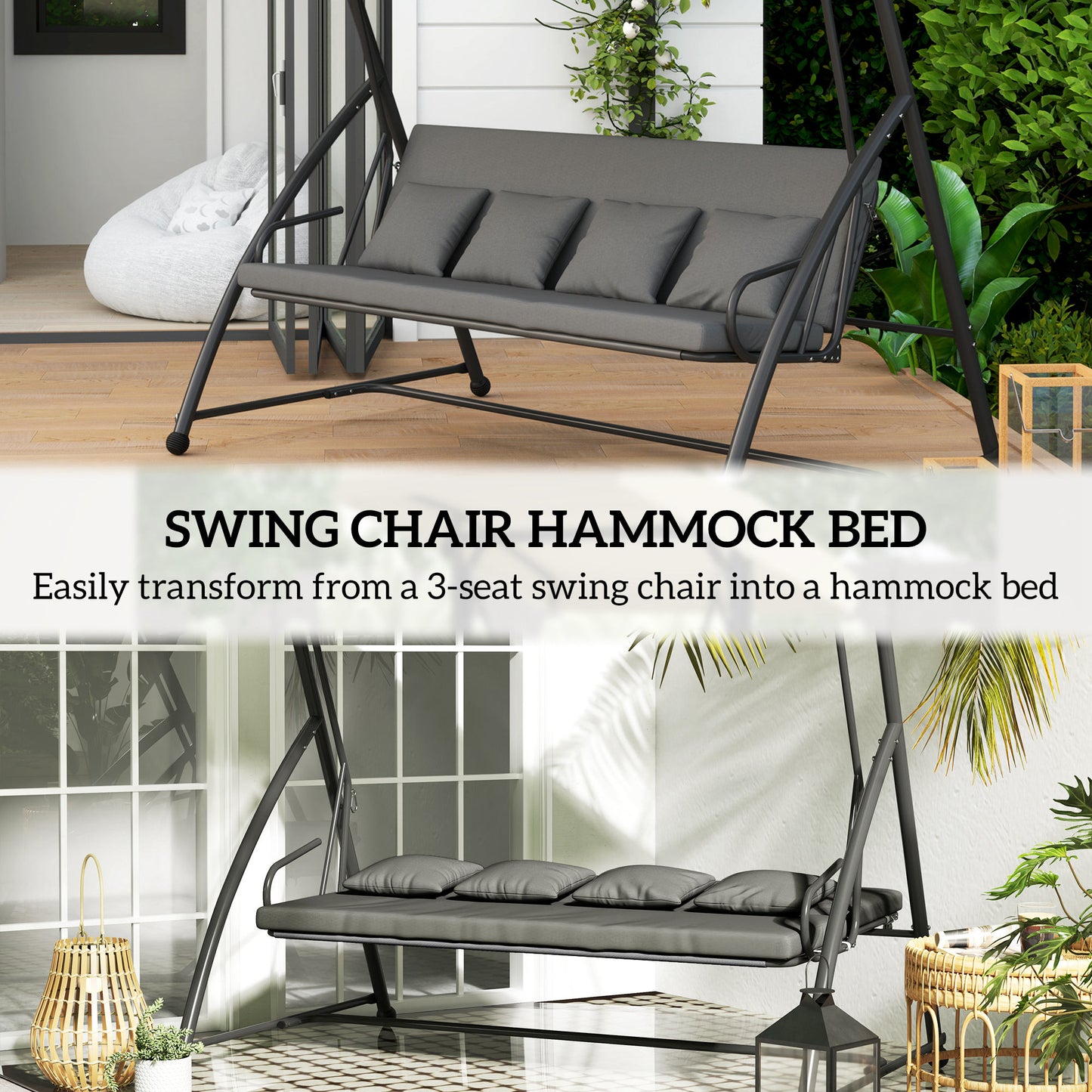 Outsunny Patio Swing Chair, 3 Person Convertible Hammock, Outdoor Swing Lounge Bed, Cushioned with Tilt Canopy, Dark Gray |
