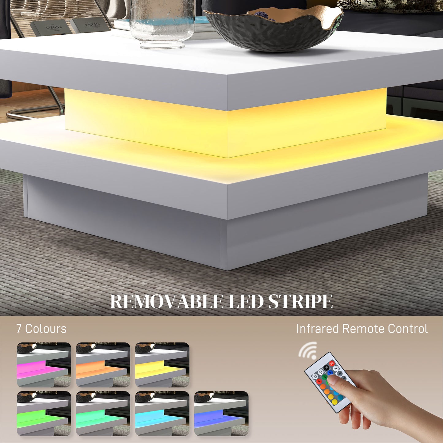 Table basse carrée avec 7 lumières LED et télécommande, blanche