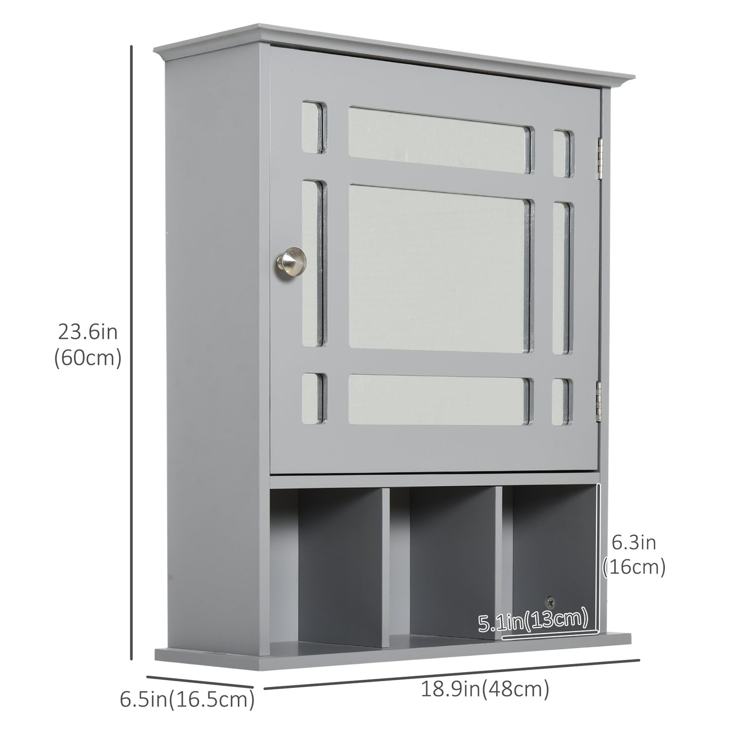 Armoire de salle de bain avec porte miroir et 3 étagères, gris
