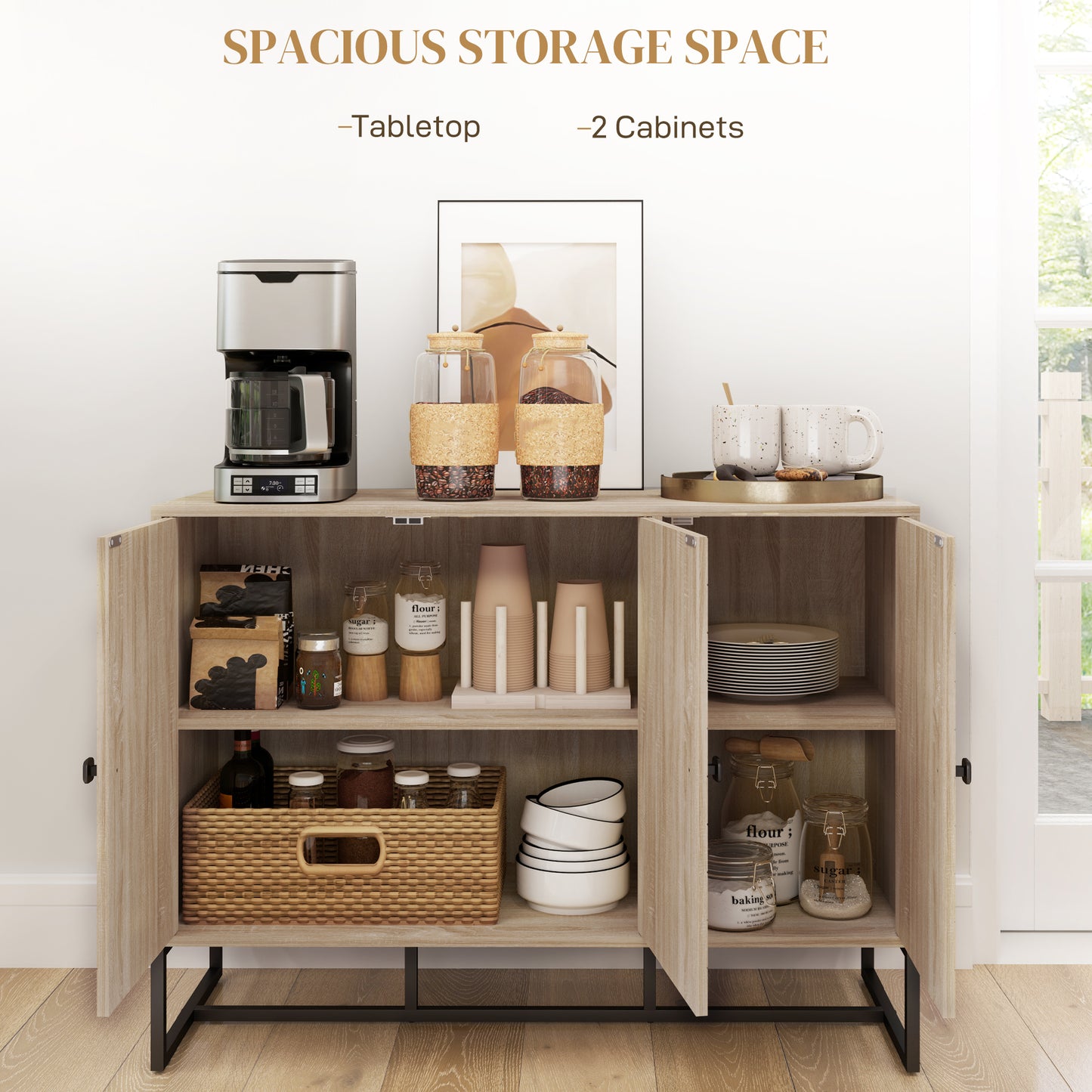 Buffet moderne avec étagères réglables, 3 portes à chevrons pour salon, couloir, grain de bois de chêne