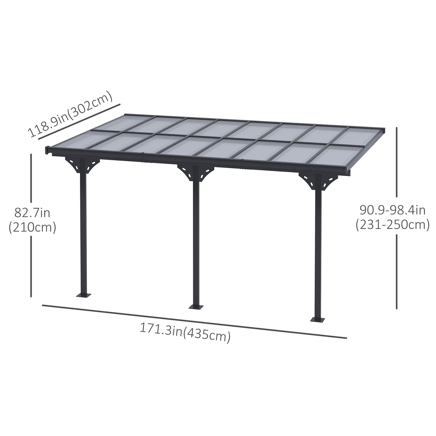 Pergola 14' x 10' avec toit rigide en polycarbonate, hauteur réglable, cadre en aluminium, protection UV, gris