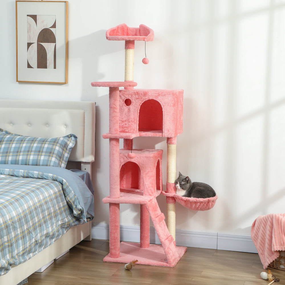 Arbre à chat de 160 cm avec griffoirs en sisal, cabanes, perchoirs en peluche, hamac, rose
