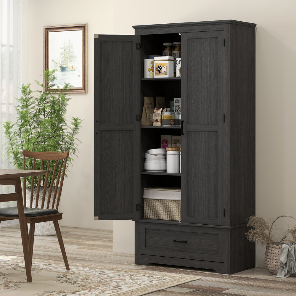 Meuble de cuisine de style campagnard avec 2 portes, tiroir et étagères réglables, noir