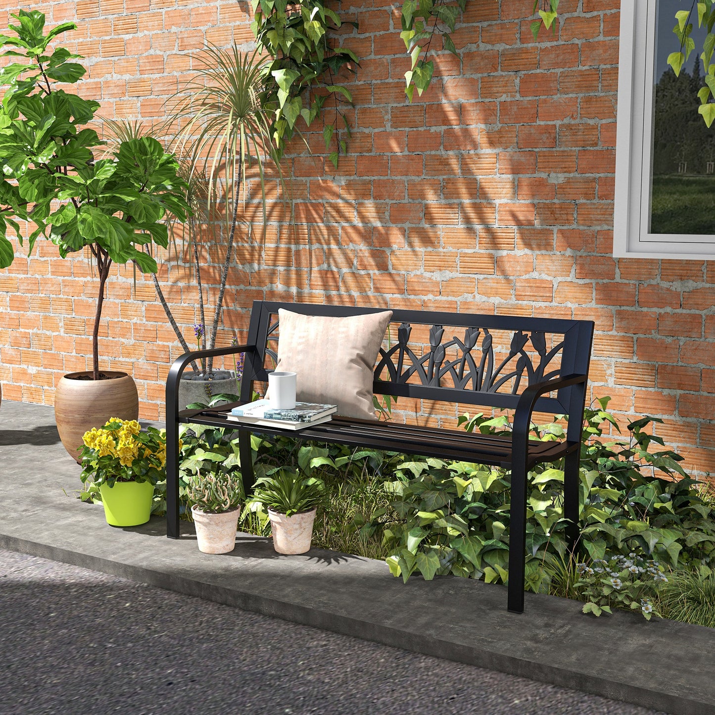 Banc d'extérieur en métal avec accoudoirs incurvés et assise à lattes pour patio, noir