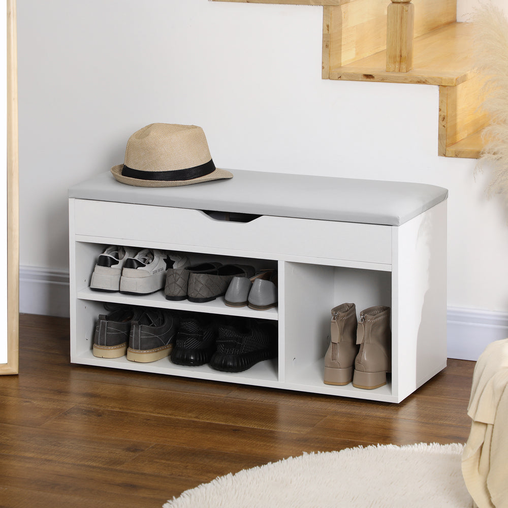 Banc à chaussures avec coussin rembourré et rangement dissimulé, blanc