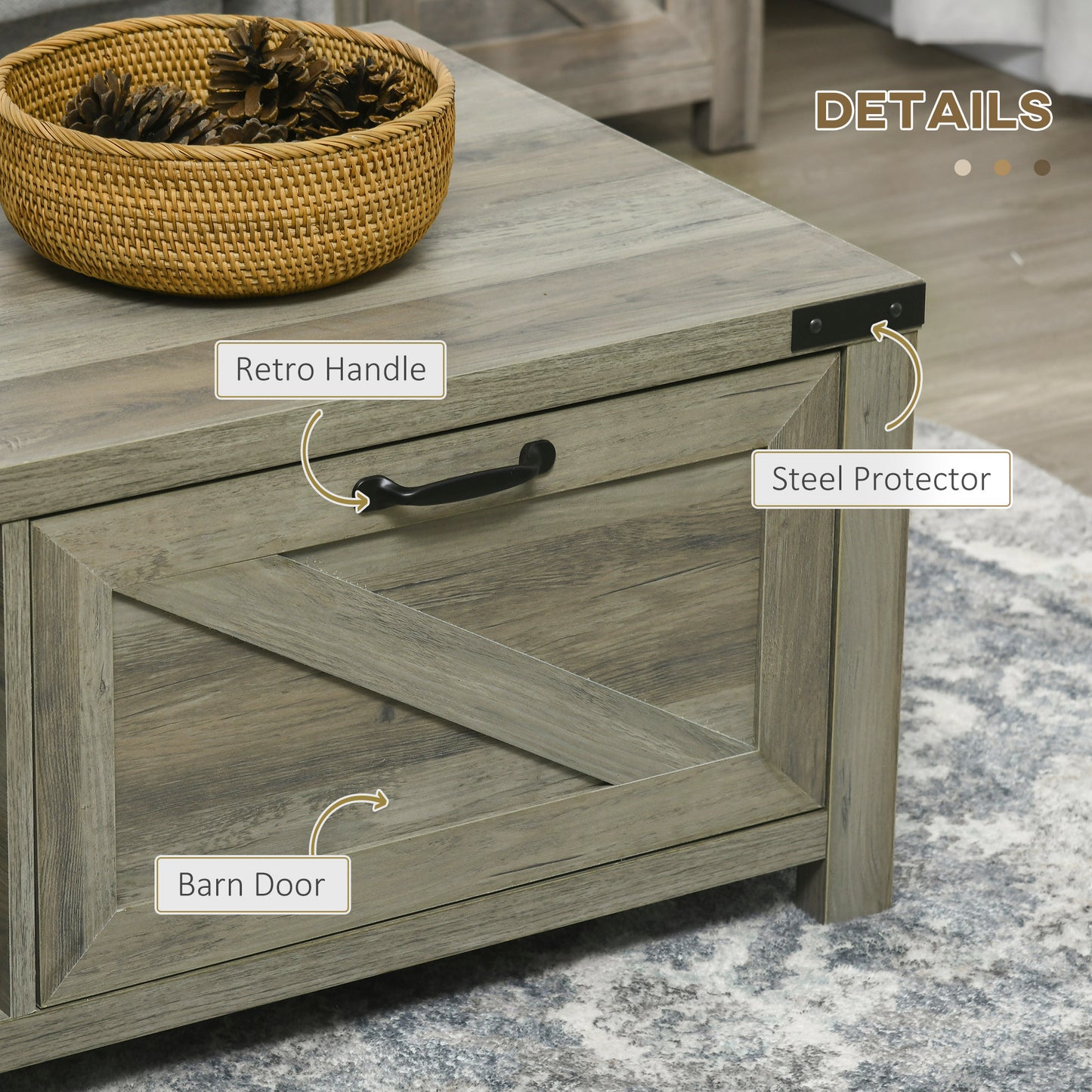 Table basse rustique avec tiroir et étagère de rangement, gris