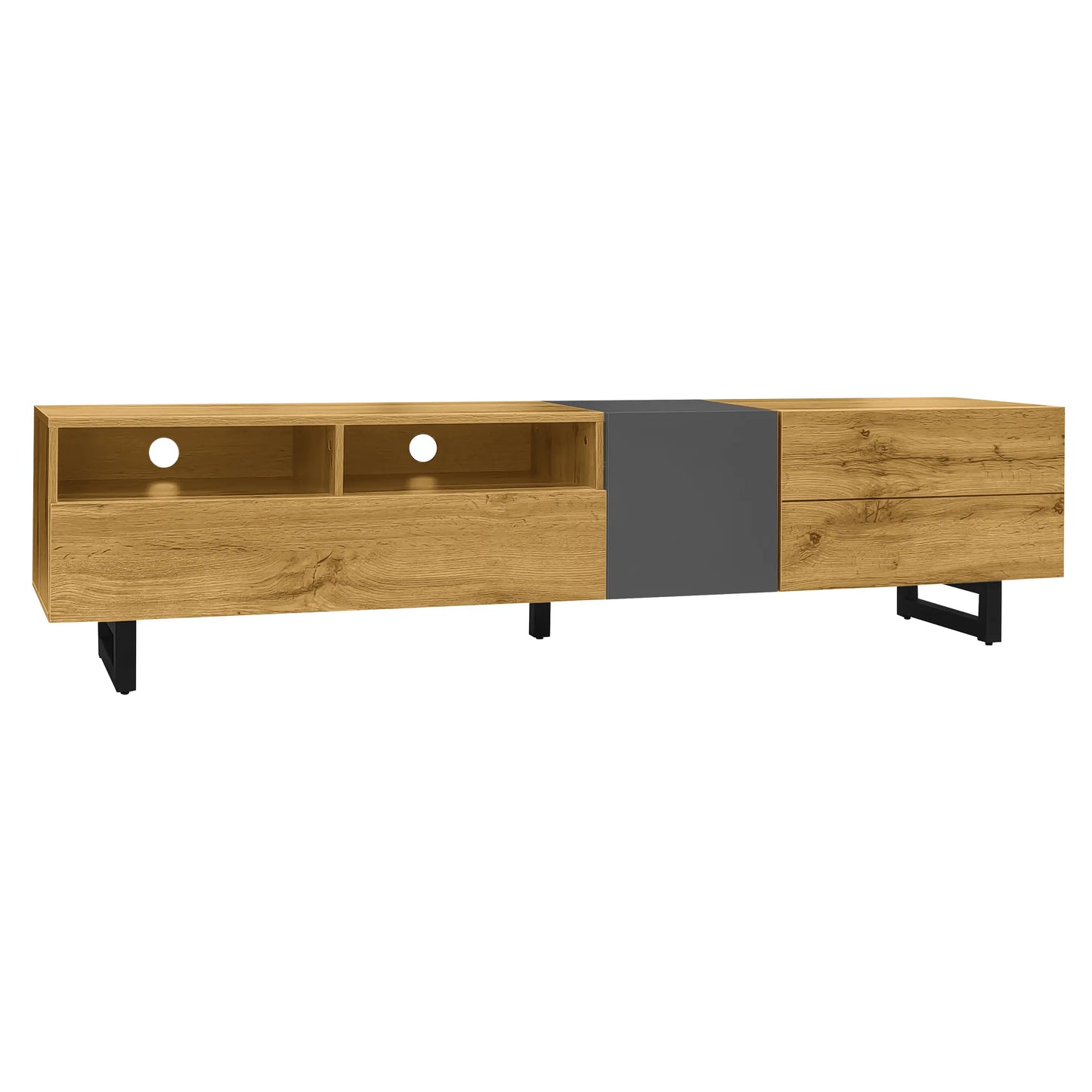 Meuble TV avec pieds en métal en U, 3 portes et 2 compartiments, assemblage facile, noir et naturel