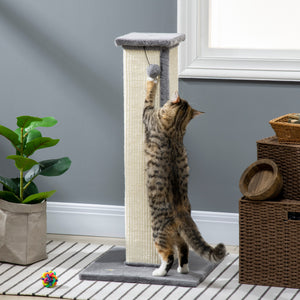 81cm high scratching post with hanging ball and soft plush, grey