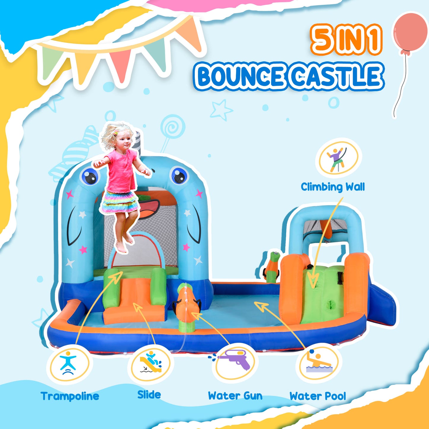 5 in 1 Narwhal Style Inflatable Water Slide for Kids with Slide, Trampoline, Pool, Water Gun, Climbing Wall, Carry Bag, 450W Air Blower