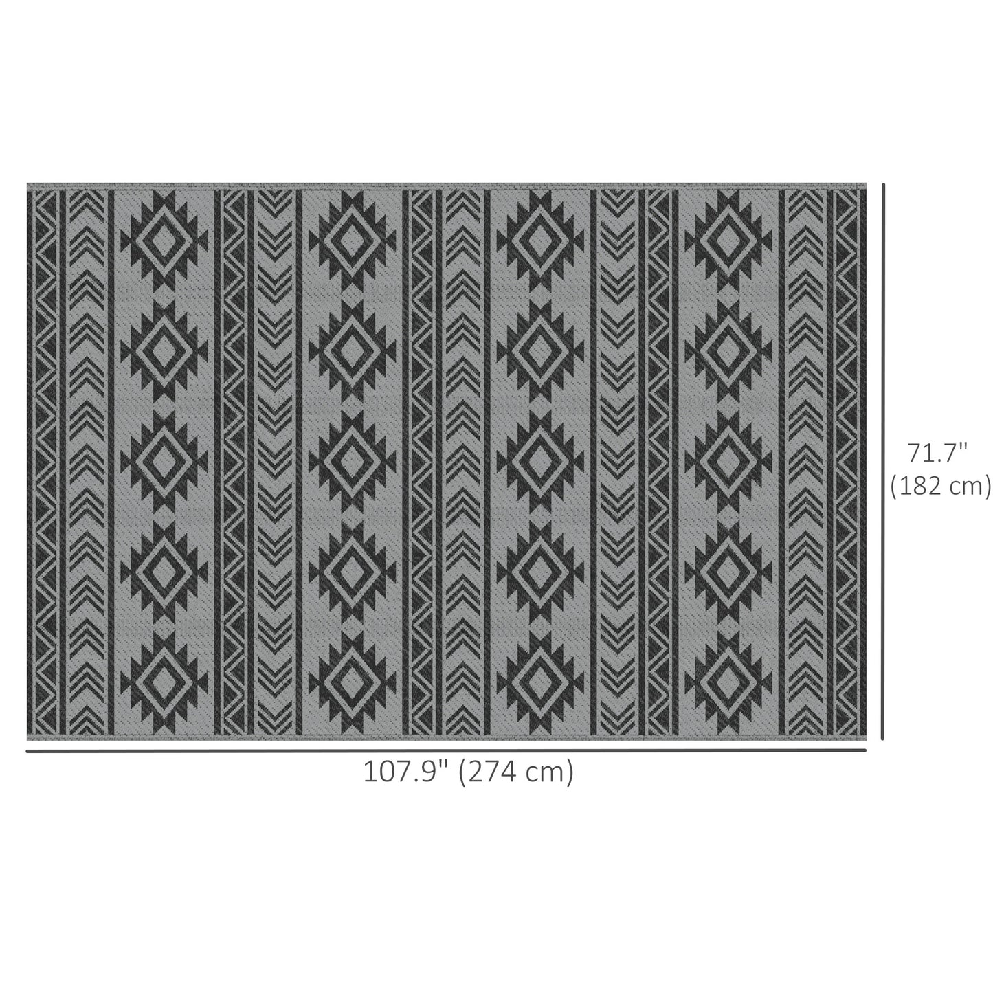Tapis d'extérieur réversible pour patio, tapis en paille plastique 6' x 9' pour jardin, terrasse, plage, camping, noir et gris