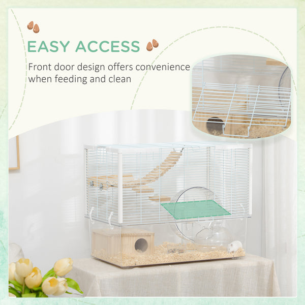 Cage pour hamster avec fond profond, rampe en bois, cabane, salle de bain et roue d'exercice pour hamster et gerbille, blanche