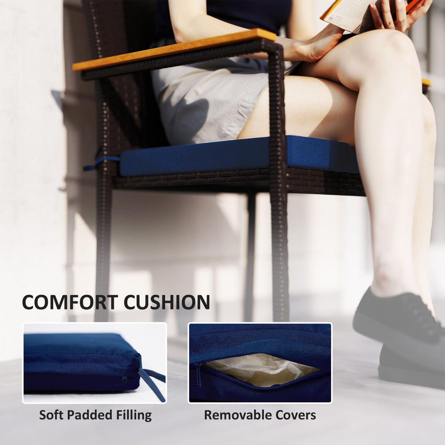 Lot de 2 chaises de jardin empilables en osier avec coussin amovible et accoudoirs, bleu marine