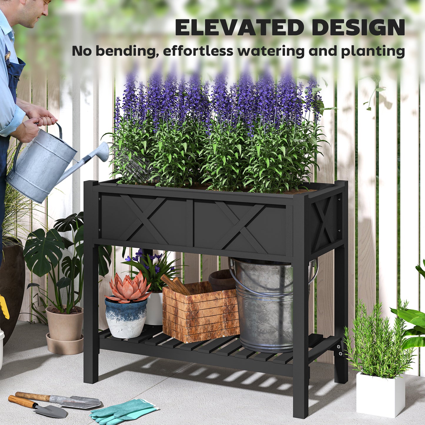 Wooden Raised Bed with Storage Shelf, Drainage Holes and Liner, 86 x 45 x 76 cm, Black