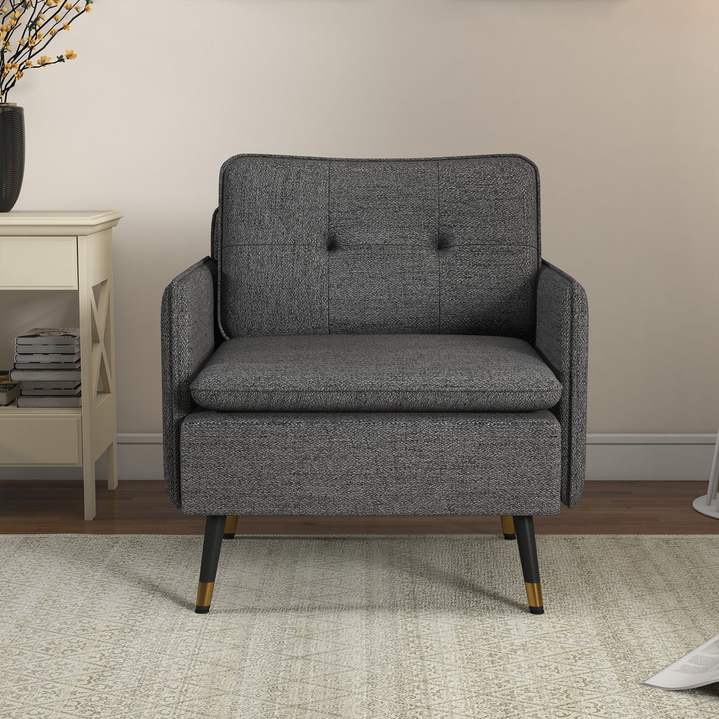 Fauteuil d'appoint moderne rembourré avec coussin de dossier capitonné et pieds en acier, pour salon et chambre, gris foncé