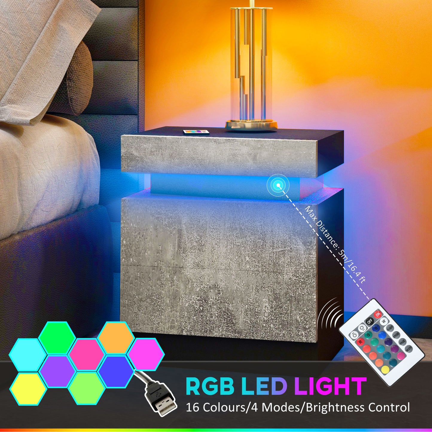 Table de chevet avec éclairage LED et 2 tiroirs pour chambre et salon, gris ciment