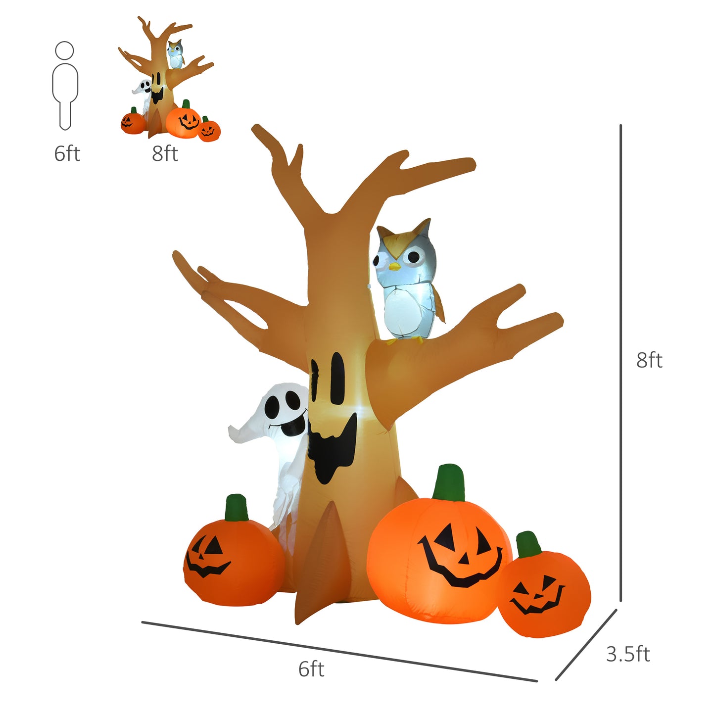 Décoration gonflable arbre hanté avec hibou, fantôme, citrouilles, affichage LED