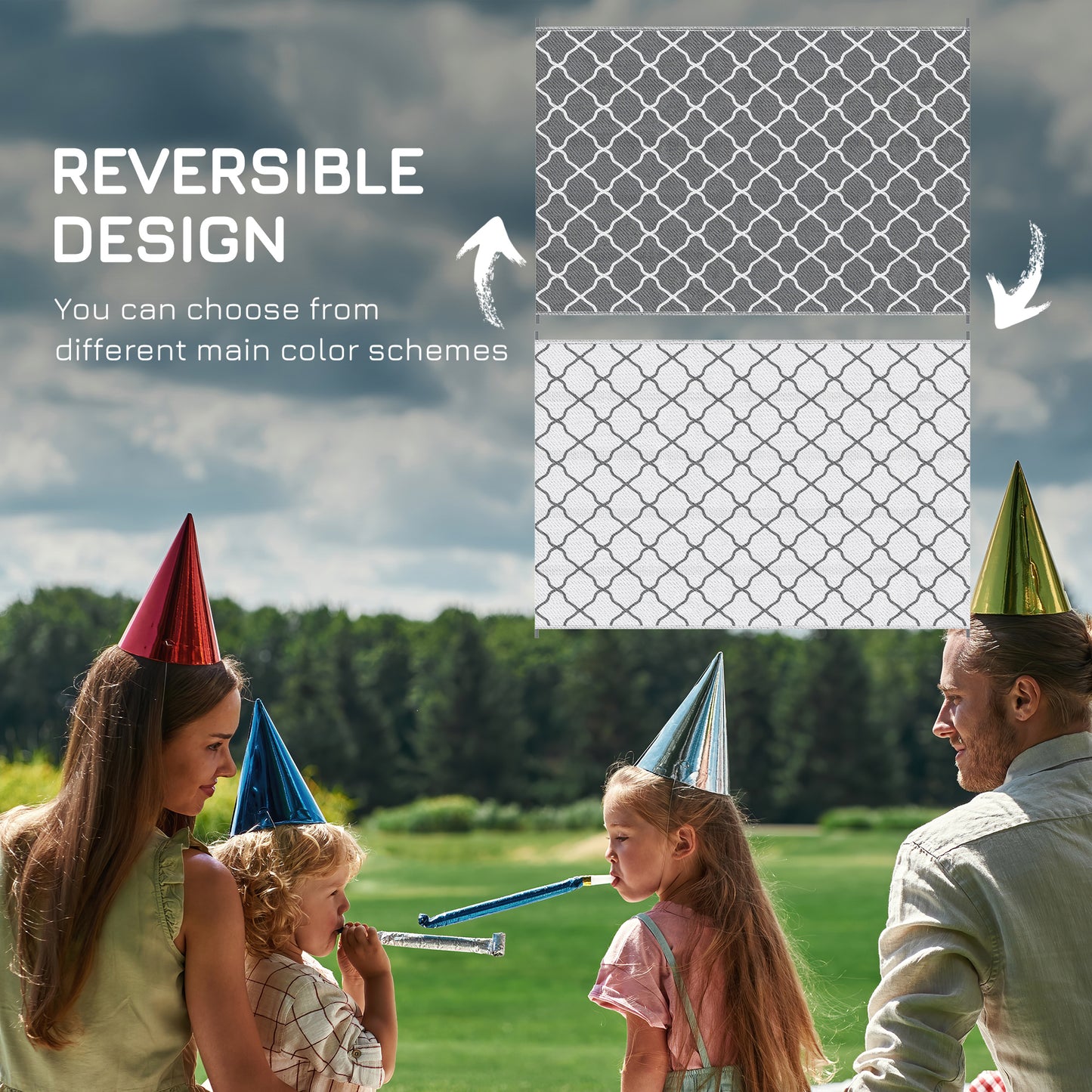 Waterproof Outdoor Rug, 1.8m x 2.7m, Reversible, for Campervan, Garden, Patio, Picnic, Beach, Camping, Grey and White Mesh