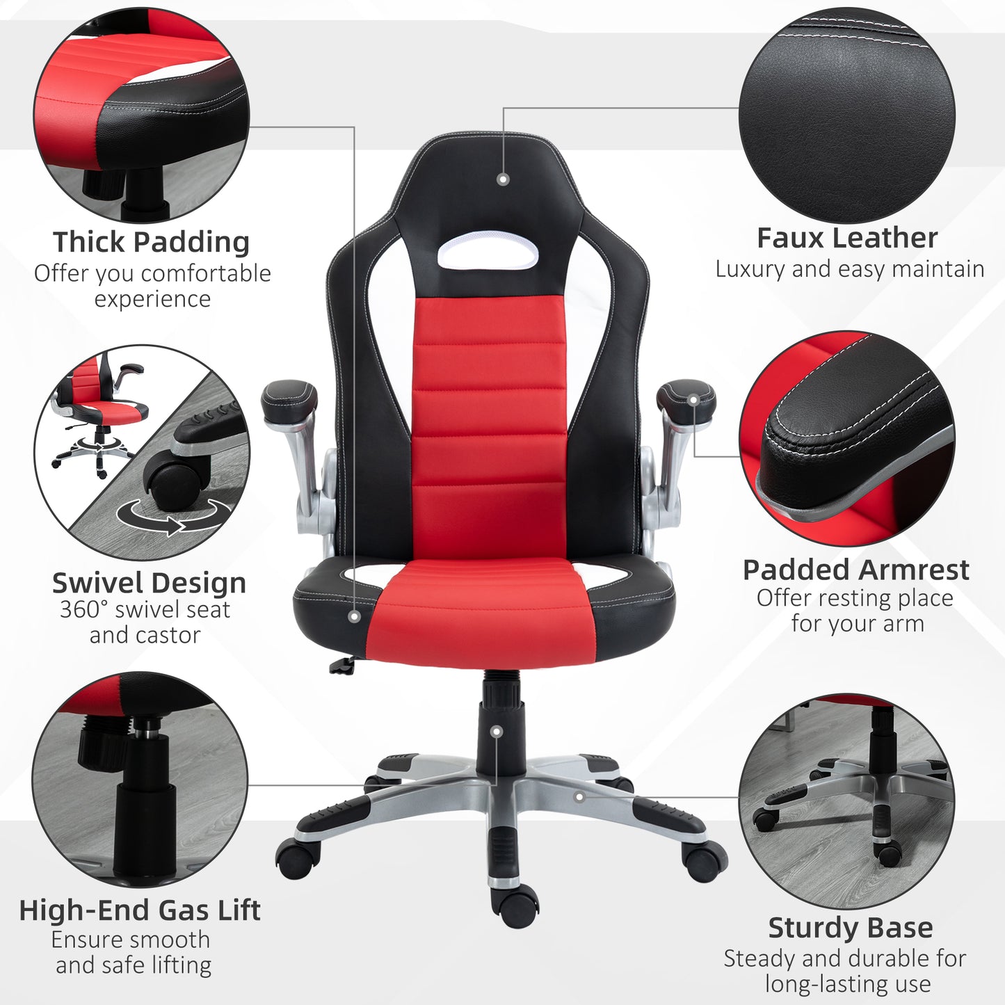 Gaming chair in synthetic leather, adjustable height, flip-up armrests, swivel casters, red